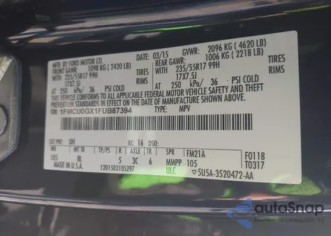 2015 Ford Escape Se from USA, damaged, VIN 1FMCU0GX1FUB87394